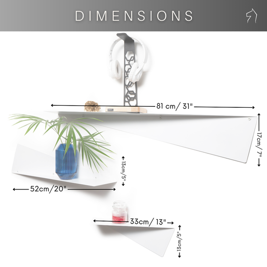 White metal wall shelves set of three dimensions