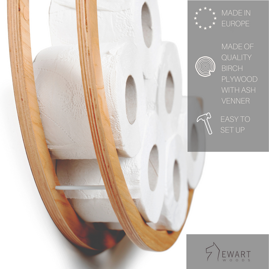 Close-up of a wooden half-circle toilet paper holder, displaying several rolls of toilet paper. The image includes text indicating that the product is made in Europe, crafted from high-quality plywood with ash veneer, and is easy to set up.