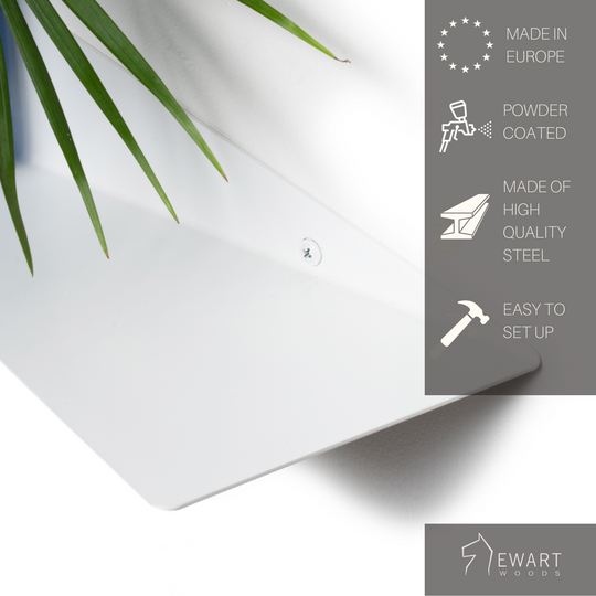 Close-up of a triangular wall shelf with a smooth powder-coated finish, secured with a screw, featuring labels: &