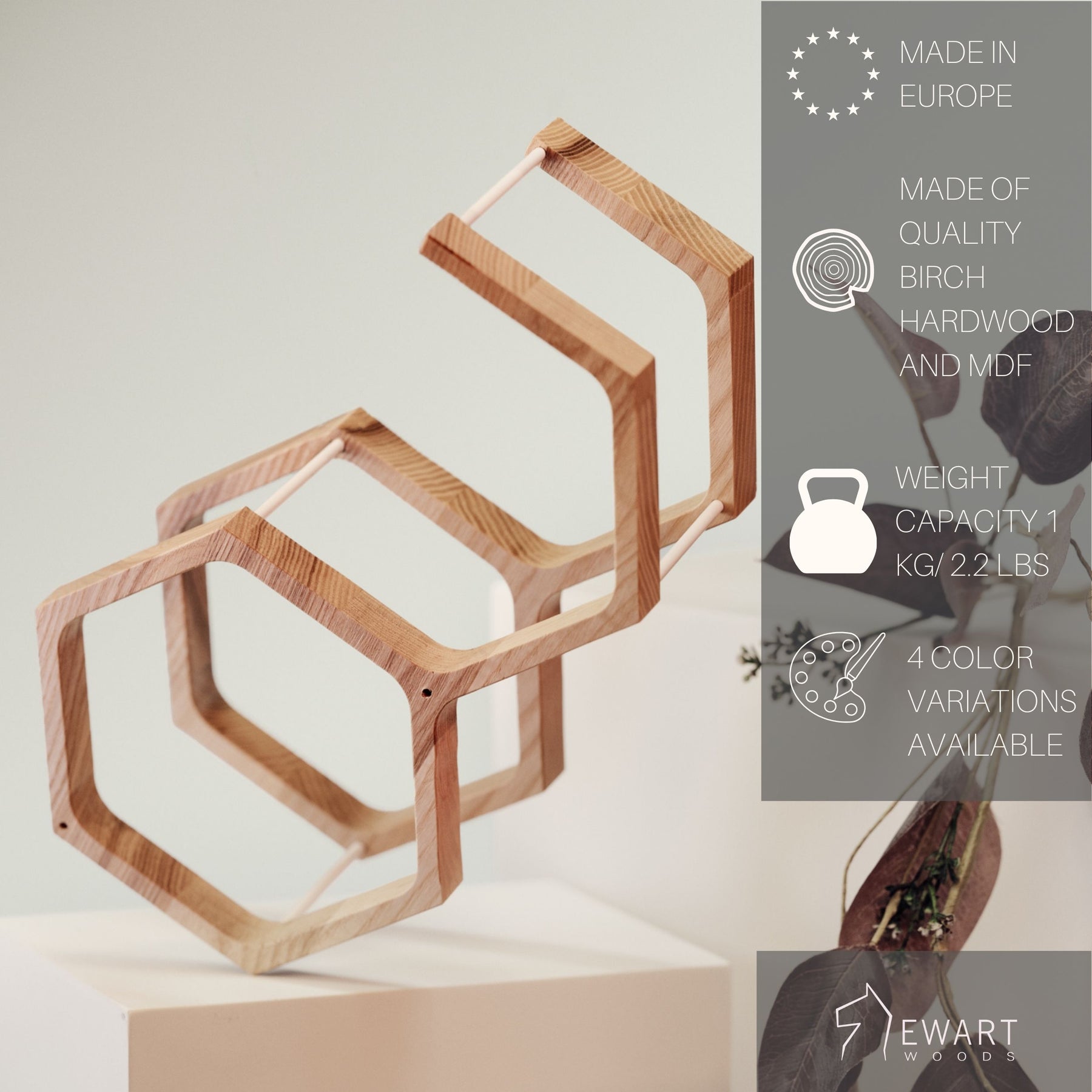 Wall mounted wooden toilet roll holder in hexagon shape with manufacturer specifics 