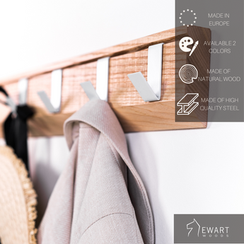 Wall mounted wood hanger with hooks and manufacturer specifics