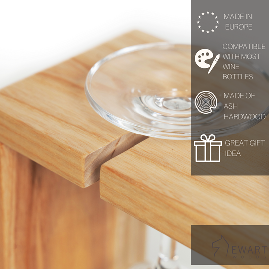 Close-up of big wooden wine and glass holder with manufacturer specifics