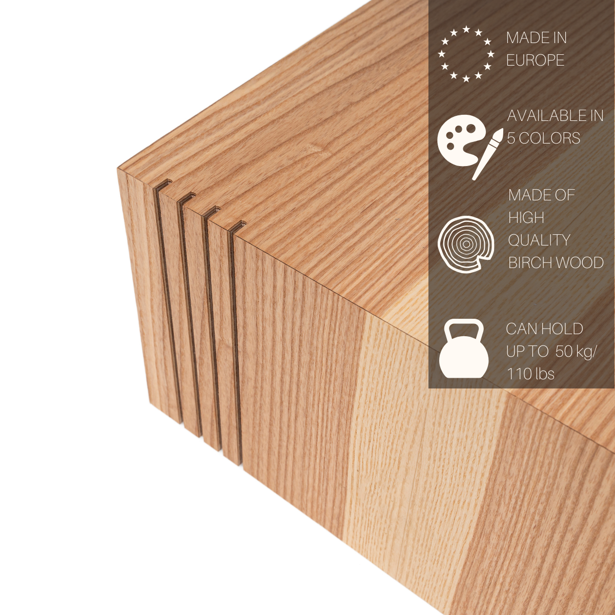 Wooden cube plant stand with vertical corner grooves with manufacturer details