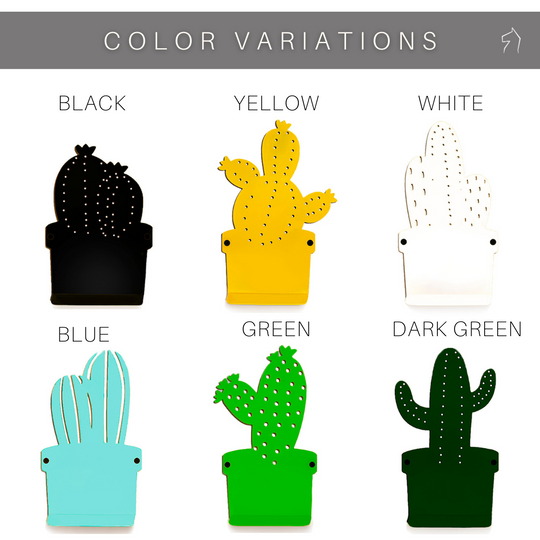 Six colorful metal cactus hooks, each featuring a perforated design in various cactus shapes, displayed in black, yellow, white, blue, green, and dark green, set against a white background.
