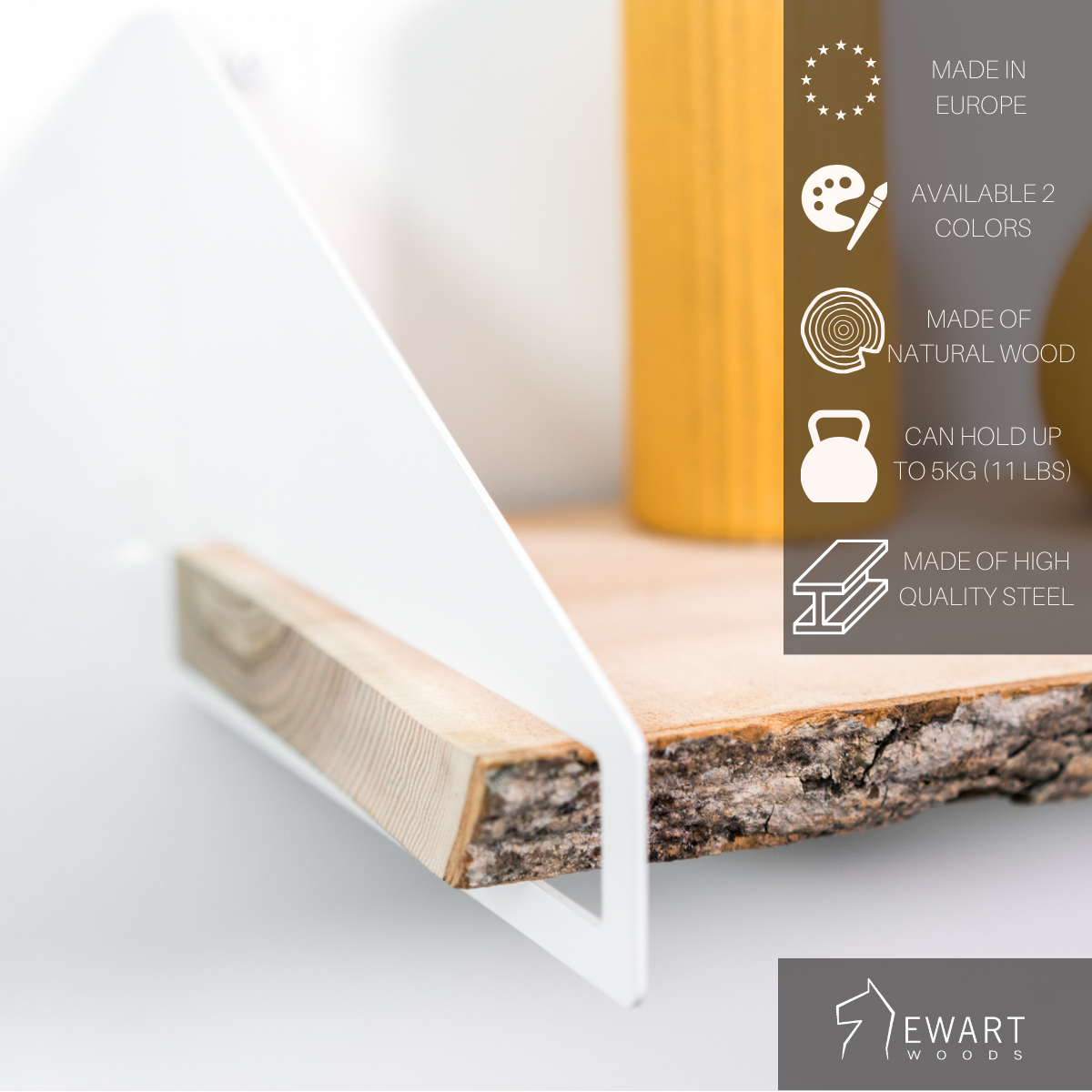 Close-up of wooden shelf with geometric metal brackets and tree bark along with manufacturer specifics