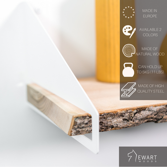 Close-up of wooden shelf with geometric metal brackets and tree bark along with manufacturer specifics
