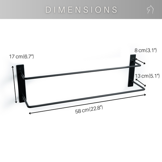 Black metal double towel rack with product dimensions: 17 cm (6.7 inches) in height, 8 cm (3.1 inches) in depth, 13 cm (5.1 inches) in width, and 58 cm (22.8 inches) in length.