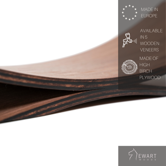 Close-up of curved wooden holder, labeled made in Europe, available in 5 veneers, and made of birch plywood, with Ewart Woods logo.