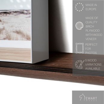 Close-up of picture ledge shelf design and material with manufacturer details