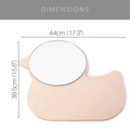 Duck-shaped wooden mirror with dimensions: 44 cm (17.3 inches) wide and 39.5 cm (15.6 inches) tall, featuring a round mirror on the body.
