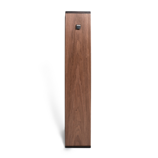 Side view of a vertical toilet paper storage unit with a dark walnut veneer finish and a minimalist black handle on the upper side. The unit features a sleek, modern design with subtle wood grain detailing.
