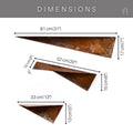 Three triangular metal shelves with rustic, oxidized finish. The top shelf is 81 cm (31") wide, 15 cm (6") high, 17 cm (7") deep. The middle shelf is 52 cm (20") wide, 15 cm (6") high. The bottom shelf is 33 cm (13") wide, 15 cm (6") high.