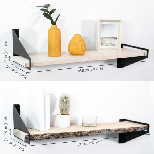 Dimensions for two wooden shelf variations with geometric metal brackets
