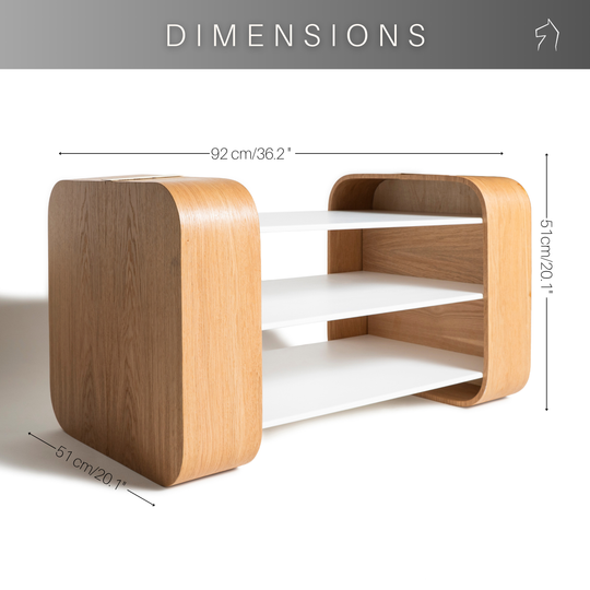 Dimensions for wooden coffee table with white shelves and brass accent on top