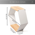 Hexagonal shelf made of light wood and white metal, shown with dimensions: 38 cm high, 44 cm wide, 22 cm deep, and 14 cm shelf depth.
