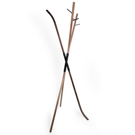 Clear view of wooden free standing coat rack with black metal conjunction part