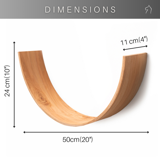 Wooden curved toilet paper holder with dimensions: 24 cm (10") in height, 50 cm (20") in length, and 11 cm (4") in depth. The sleek design is shown alongside measurement lines for easy reference.