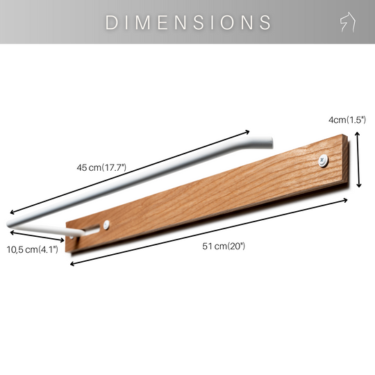 Wooden towel rack with a white metal bar, showing dimensions: 45 cm (17.7 in) length, 10.5 cm (4.1 in) height, and 4 cm (1.5 in) depth. 