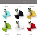 Color variations of half-circle wall shelves in blue, black, yellow, green, white, and red, each with a white vase holding a plant. The shelves are attached to the wall with visible screws.