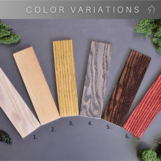 Color variations of wooden samples numbered 1 to 6, showcasing different wood finishes, ranging from light to dark and including a vibrant red option.