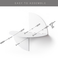 White half-circle wall shelf with icons showing the assembly process, including a screwdriver, screws, and a drill. The shelf is mounted on the wall and is labeled &
