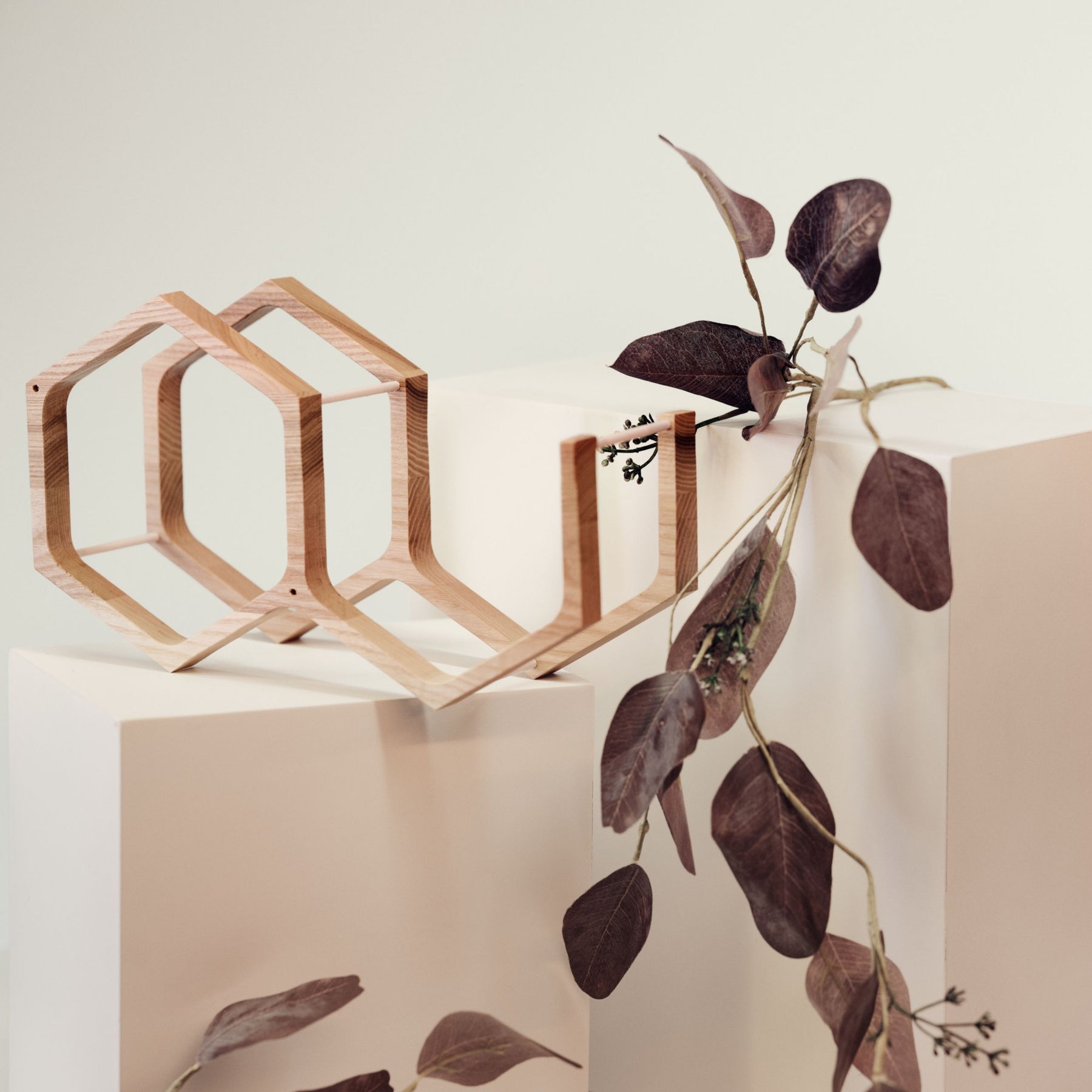 Small wall mounted wooden toilet roll holder in hexagon shape with open top 