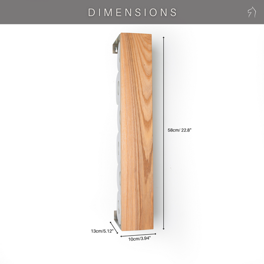 Dimensions of vertical ashwood toilet paper holder: 58 cm tall, 13 cm wide, and 10 cm deep.