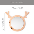 Deer-shaped wooden mirror with antlers, measuring 50 cm (19.7 inches) wide and 41 cm (16.7 inches) tall, featuring a round mirror in the center.