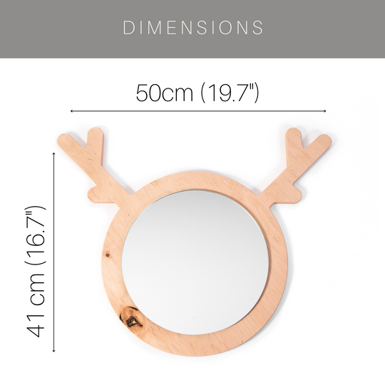 Deer-shaped wooden mirror with antlers, measuring 50 cm (19.7 inches) wide and 41 cm (16.7 inches) tall, featuring a round mirror in the center.