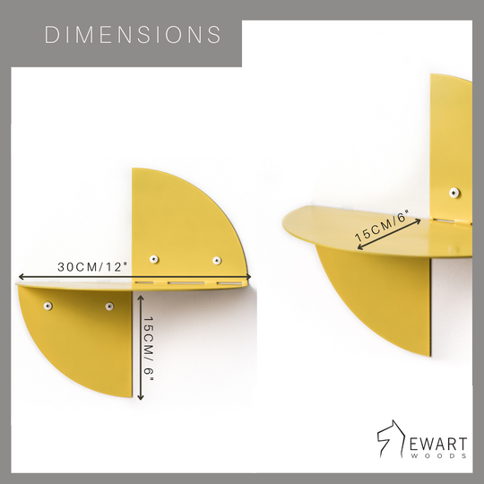 Yellow half-circle wall shelf with dimensions of 30 cm (12 inches) in width and 15 cm (6 inches) in height. The shelf is mounted with visible screws and features a smooth, powder-coated finish.