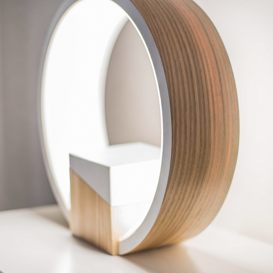 Angled view of wooden bedroom table lamp with jewelry box inside 