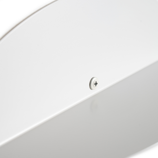 Close-up of a white elliptical metal floating shelf with a visible screw, highlighting the minimalist design and attention to detail.