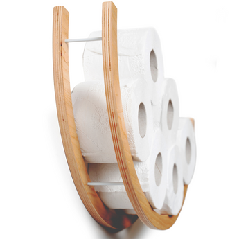 Side view of a wooden half-circle toilet paper holder, displaying six rolls of toilet paper. The holder features a smooth wood texture and metal bars for support.
