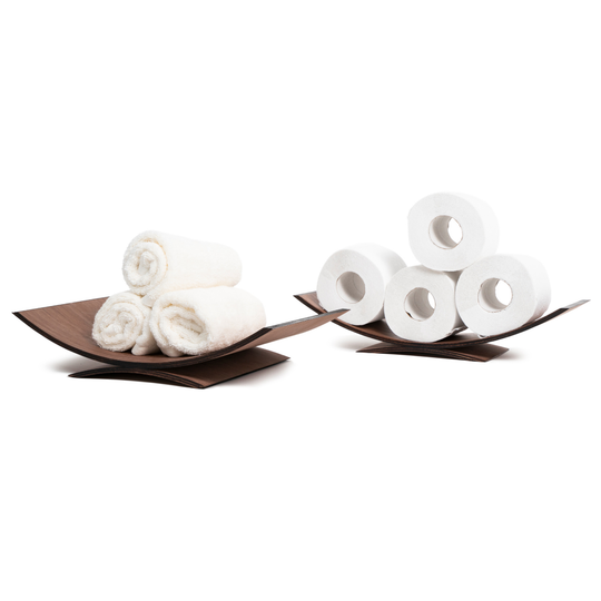 Two curved wooden holders, one with rolled white towels and the other with stacked toilet paper rolls, isolated on a white background.