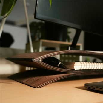 Wooden monitor stand for desk with compartment for items