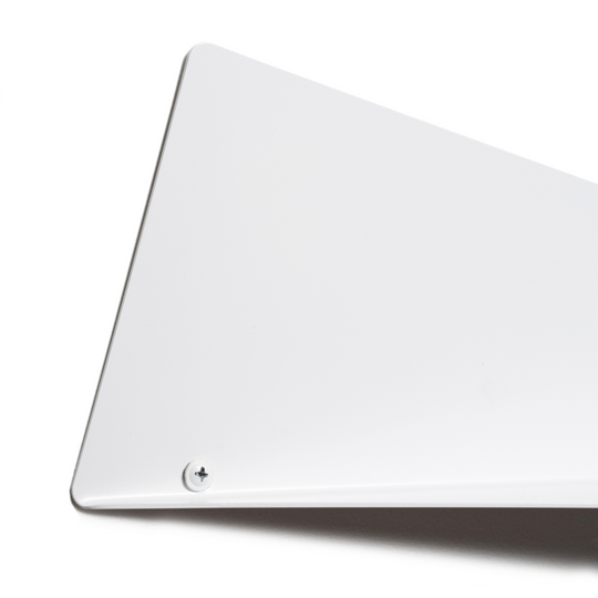 Close-up view of the corner of a triangular wall shelf, showcasing its smooth surface and secure screw fastening.