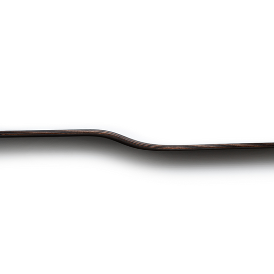 Straight-on view of a dark wooden shelf with a slight curve in the middle and a stained side edge, set against a white background.