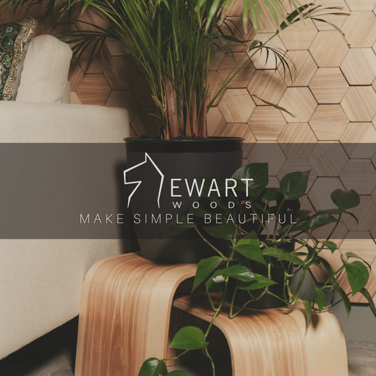 Two  plant stands with a polished wood grain texture, holding potted plants,in background hexagon wall . The &