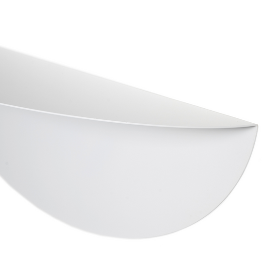 Close-up of the curved edge of a white elliptical metal floating shelf, showcasing its sleek and smooth finish.