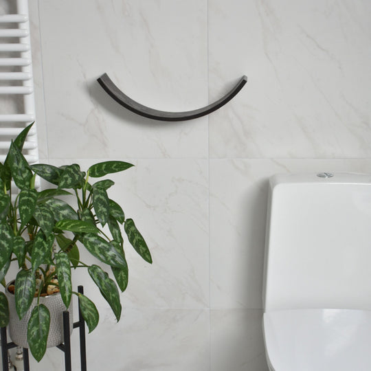 Front view of a dark brown curved toilet paper holder with a hidden mounting system on a tile bathroom wall, near a modern toilet. A plant adds greenery to the minimalist bathroom design.
