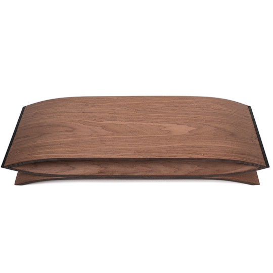 Above look of wooden monitor stand for desk in walnut color