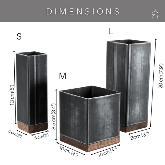 Three steel utensil holders on a white background labeled S, M, and L. The small holder is 13 cm tall and 5 cm wide, the medium is 8.5 cm tall and 10 cm wide, and the large is 20 cm tall and 8 cm wide.