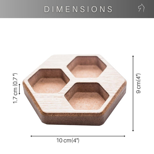 Hexagonal MDF organizer tray with three hexagon-shaped compartments, dimensions: 10 cm by 9 cm by 1.7 cm.