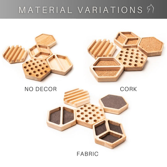 Three material variations of hexagonal desk organizers: No Decor, Cork, and Fabric, each shown with different texture and finish options.