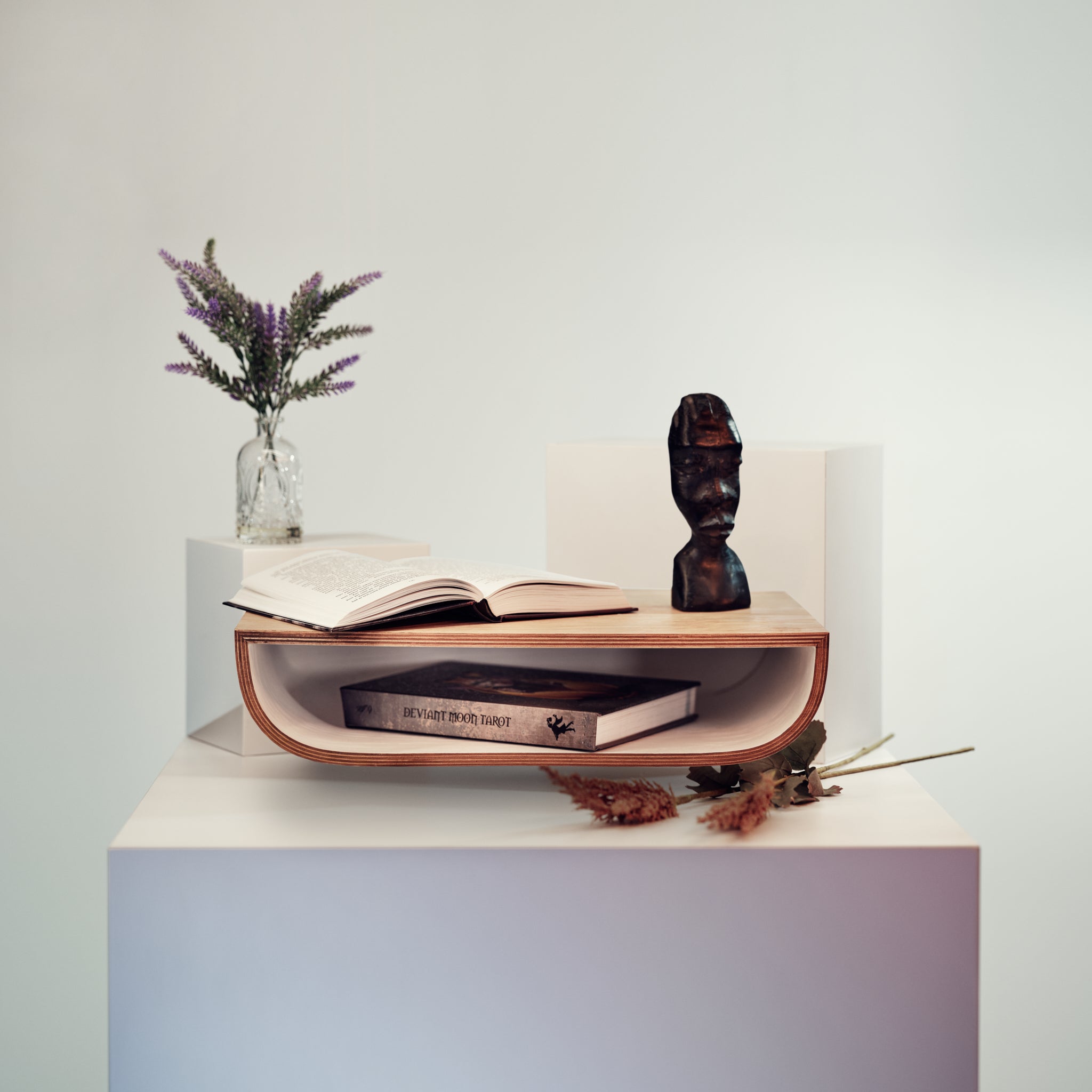 Wood wall mounted floating nightstand with white interior