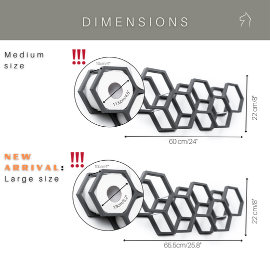 Dimensions for medium and large wall mounted hexagon shape toilet paper holders