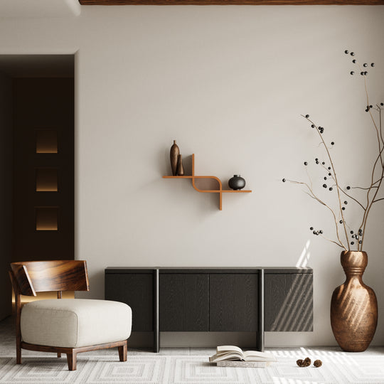 floating shelf wall mounted cherry on light wall in japandi interior
