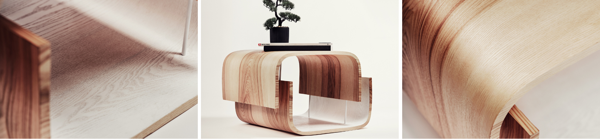 Three different angles of wooden ashwood rounded edges coffee table with white interior and white metal details.