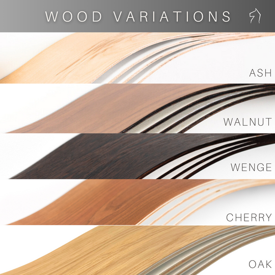 Image displaying five different wood options labeled as Ash, Walnut, Wenge, Cherry, and Oak.Each wood type is shown with a close-up of its grain and finish.