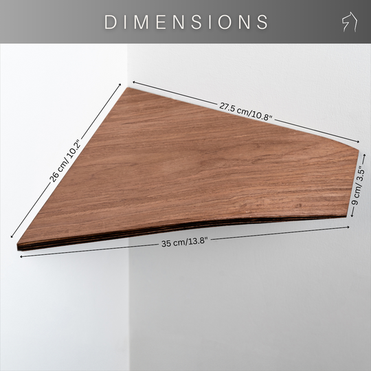 Dimensions for wooden wall-mounted corner shelf